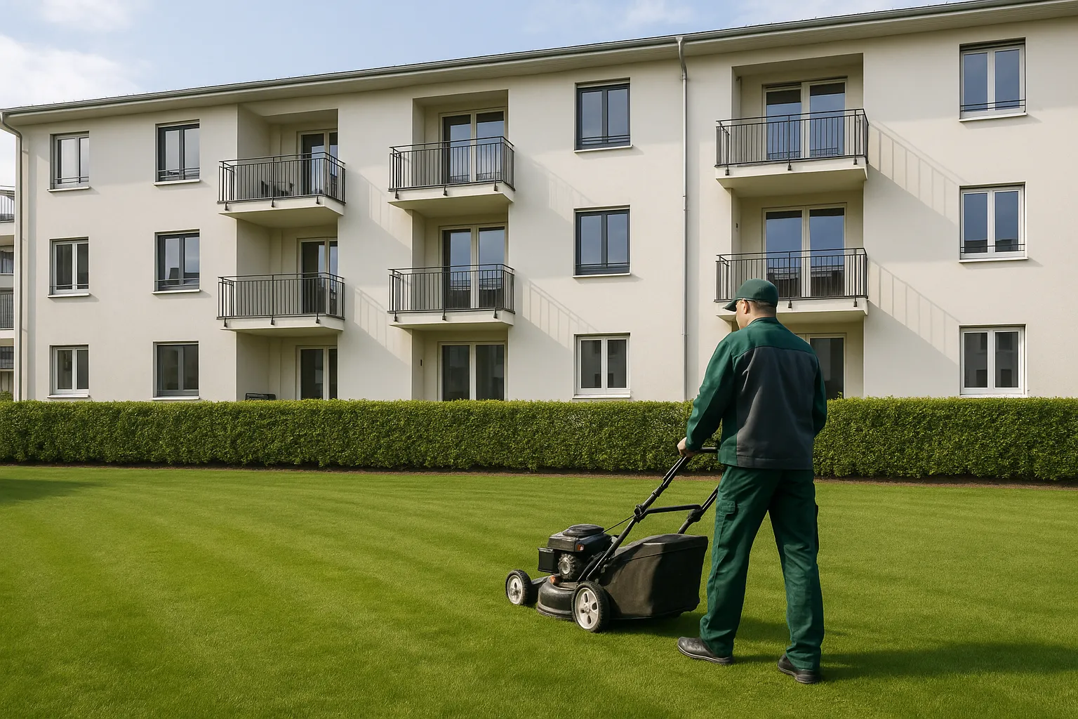 Hausmeisterservice – gepflegte Wohnanlage mit Rasen- und Grünpflege durch Perfekt Sauber Service